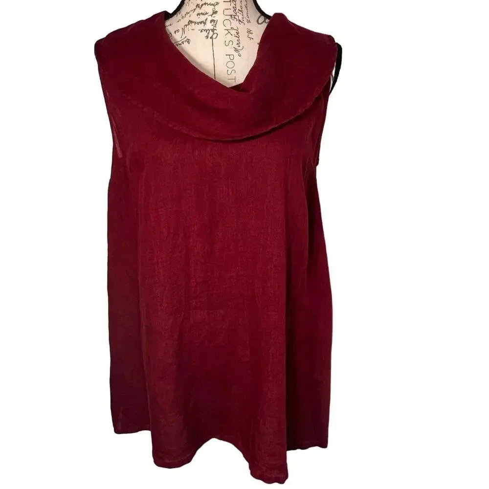 Pure Match, M  linen cowl neck Vintage sleeveless vent hem‎ burgundy tunic top ￼
